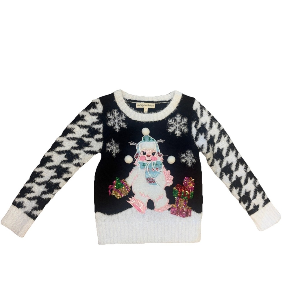 Margaux & Lexi Yeti Christmas Sweater Sz 5 Black Whit Houndstooth Sequin Pom Pom